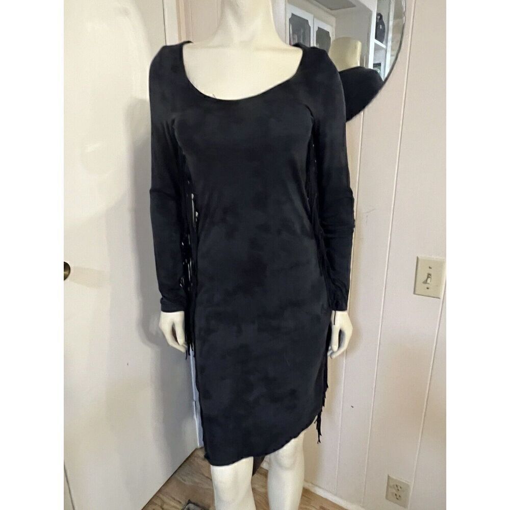 T-Party Small Bodycon Party Dress Black Blue Tie Dyed Fringe Long Sleeve NWT